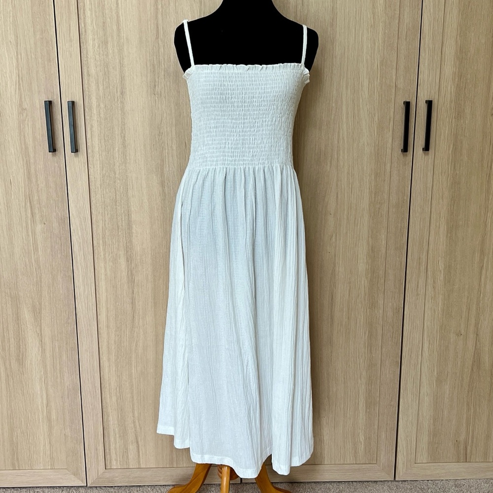 H&M White Gauze Ruched Strappy Midi Dress Sz M Medium EUC